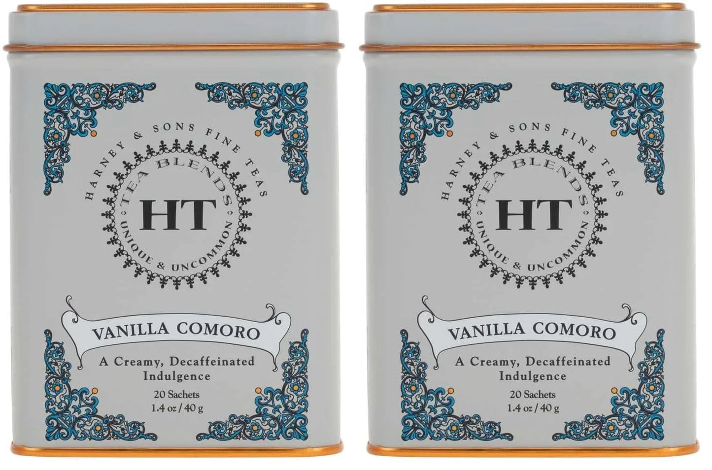 Harney & Sons Tea Decaffeinated, Great Present Idea, Vanilla Comoro, 1.4 oz Tin (20 Sachets) (Pack of 2)