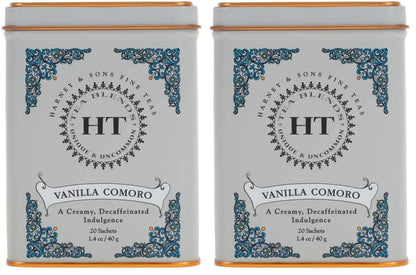 Harney & Sons Tea Decaffeinated, Great Present Idea, Vanilla Comoro, 1.4 oz Tin (20 Sachets) (Pack of 2)