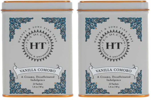 Harney & Sons Tea Decaffeinated, Great Present Idea, Vanilla Comoro, 1.4 oz Tin (20 Sachets) (Pack of 2)