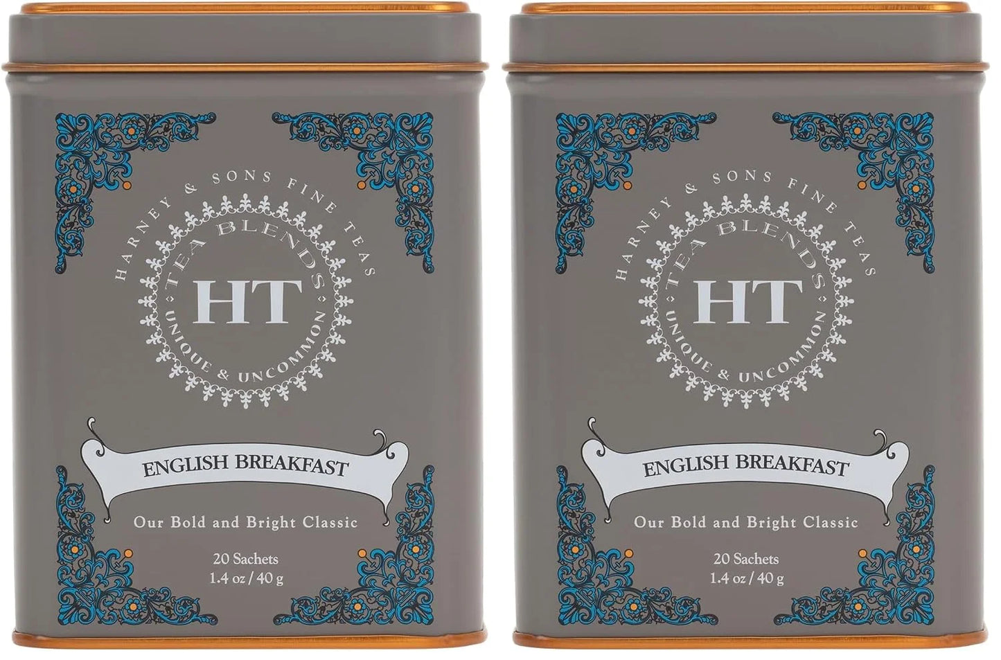 Harney & Sons English Breakfast Tea, Caffeinated, 20ct sachet tin, HT Tea Blends (Pack of 2)