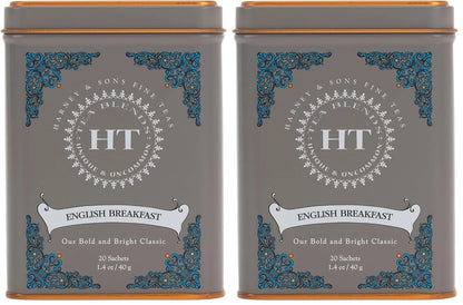 Harney & Sons English Breakfast Tea, Caffeinated, 20ct sachet tin, HT Tea Blends (Pack of 2)