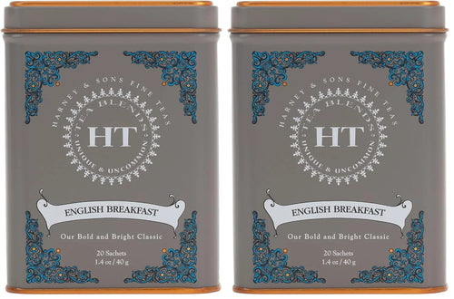 Harney & Sons English Breakfast Tea, Caffeinated, 20ct sachet tin, HT Tea Blends (Pack of 2)