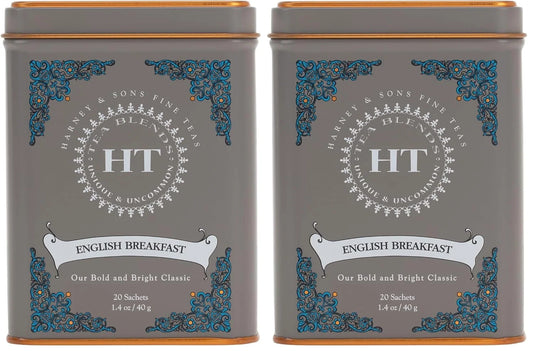 Harney & Sons English Breakfast Tea, Caffeinated, 20ct sachet tin, HT Tea Blends (Pack of 2)