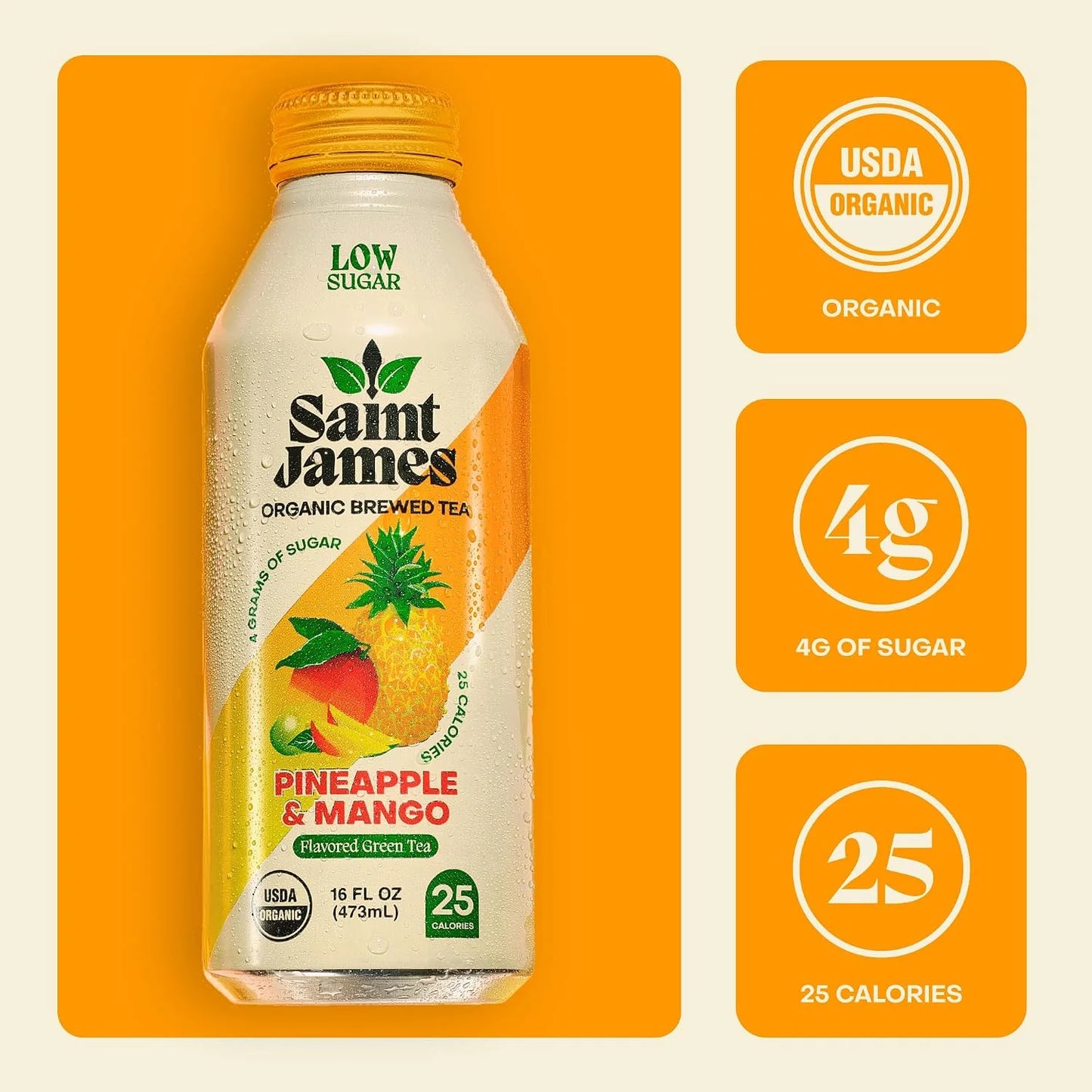 Saint James Pineapple & Mango Organic Green Tea, Low Sugar, 16 Oz, 12 Pack