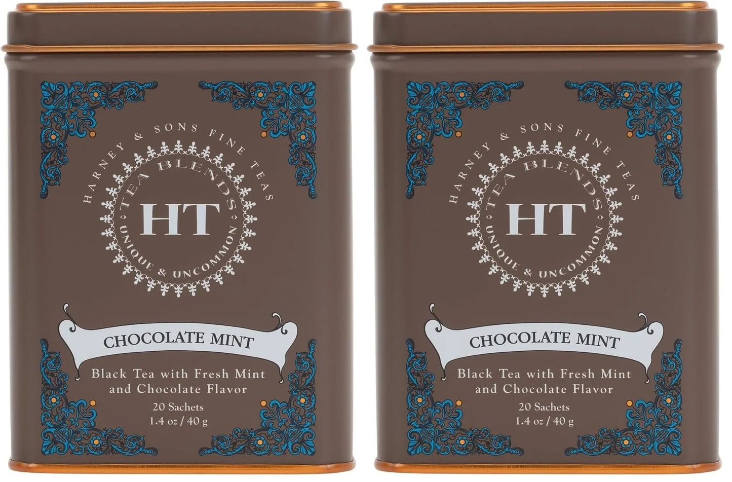 Harney and Sons Chocolate Mint, Flavored Black Tea - 20 Sachets per Tin (Pack of 2)