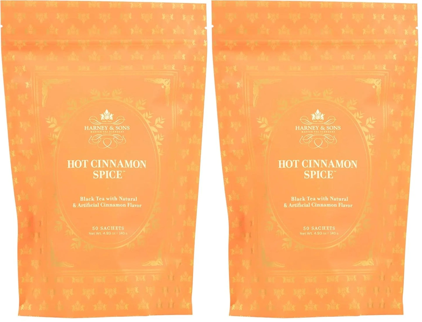 Harney & Sons Hot Cinnamon Spice, Bag of 50 Sachets, Black Tea w/Orange Pieces and Cloves (Packaging may vary), (Pack of 2)