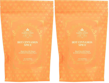 Harney & Sons Hot Cinnamon Spice, Bag of 50 Sachets, Black Tea w/Orange Pieces and Cloves (Packaging may vary), (Pack of 2)