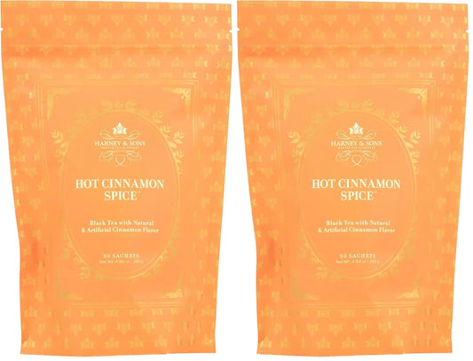 Harney & Sons Hot Cinnamon Spice, Bag of 50 Sachets, Black Tea w/Orange Pieces and Cloves (Packaging may vary), (Pack of 2)