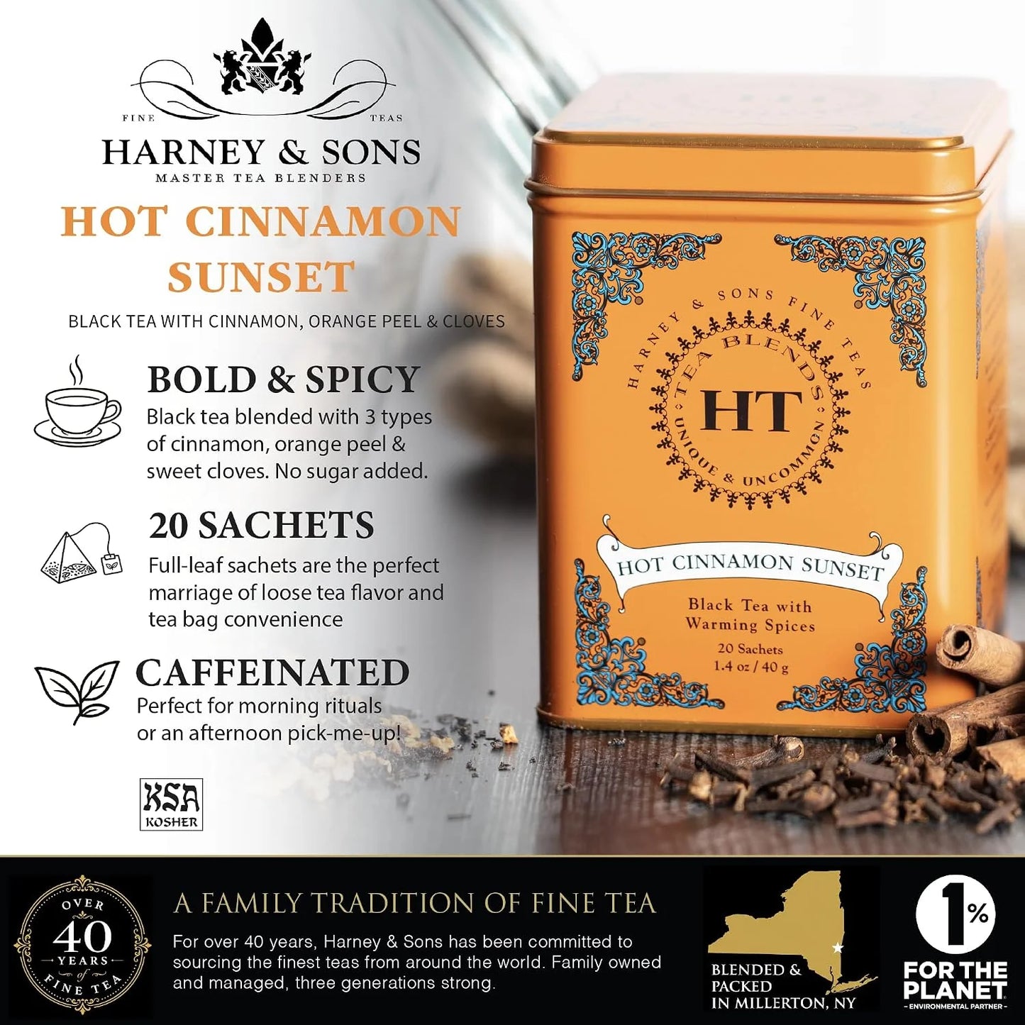 Harney and Sons Caffeinated Hot Cinnamon Sunset Black Tea with Orange and Cloves Tin 20 Sachets, Black Tea with Warming Spices (Pack of 1)