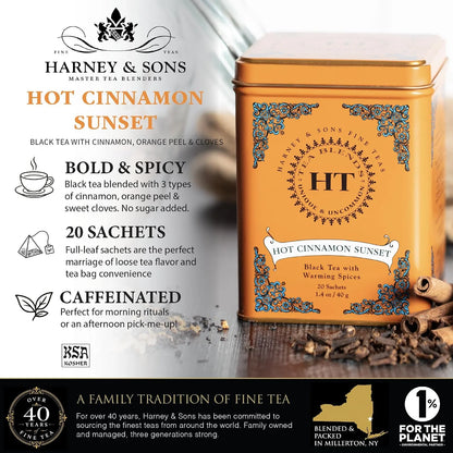 Harney and Sons Caffeinated Hot Cinnamon Sunset Black Tea with Orange and Cloves Tin 20 Sachets, Black Tea with Warming Spices (Pack of 1)