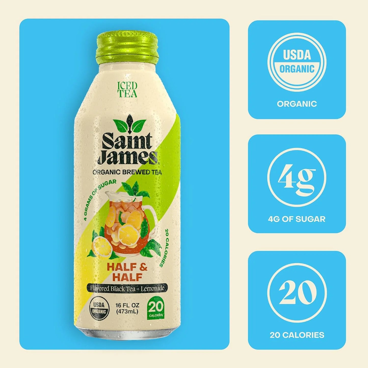 Saint James Iced Tea Organic Black Tea & Lemonade, Half & Half, 12 Pack