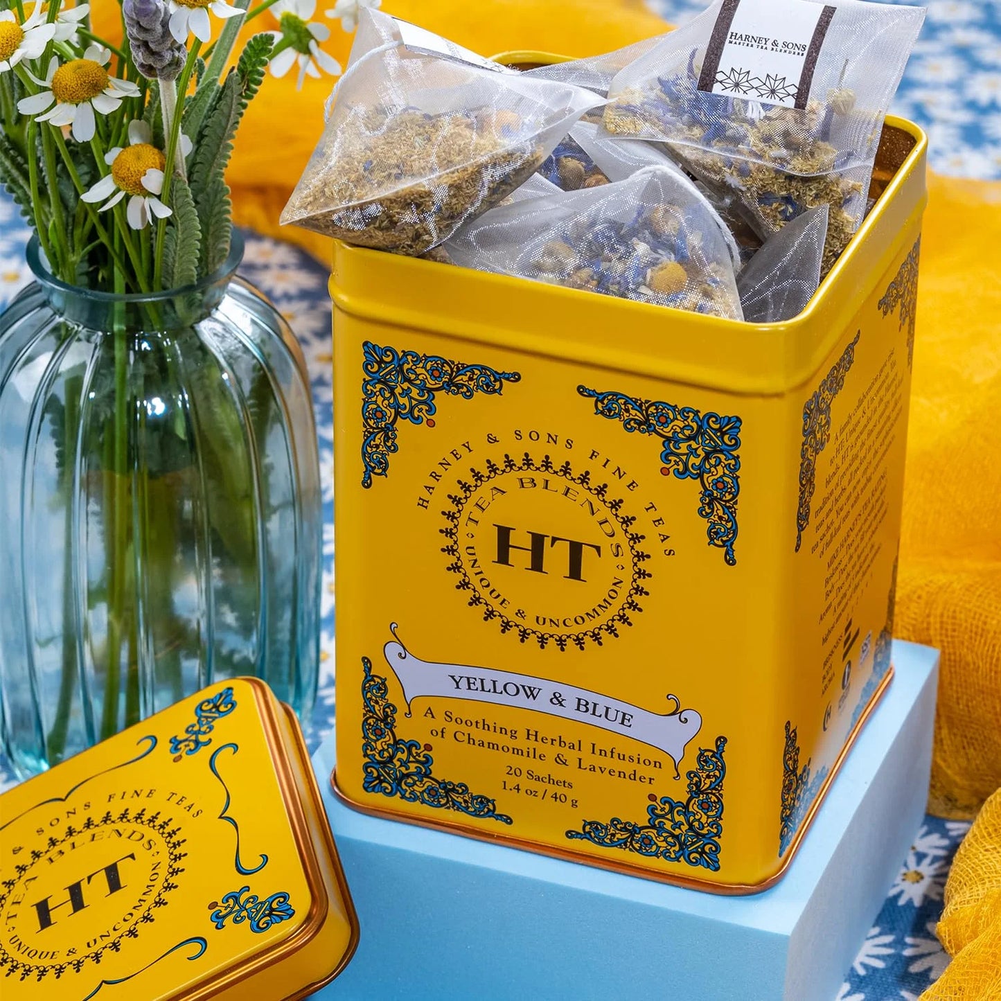 Harney & Sons Master Yellow & Blue Tea Tin - Herbal Blend of Chamomile, Lavender, and Cornflowers - 0.9 Ounces, 20 Sachets 1 Pack