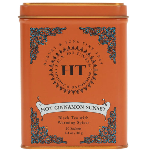 Harney and Sons Caffeinated Hot Cinnamon Sunset Black Tea with Orange and Cloves Tin 20 Sachets, Black Tea with Warming Spices (Pack of 1)