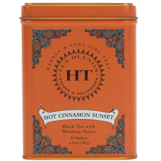 Harney and Sons Caffeinated Hot Cinnamon Sunset Black Tea with Orange and Cloves Tin 20 Sachets, Black Tea with Warming Spices (Pack of 1)