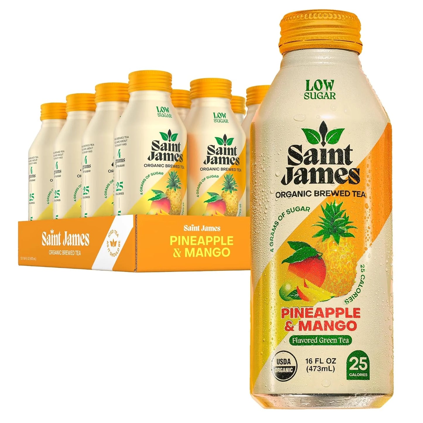 Saint James Pineapple & Mango Organic Green Tea, Low Sugar, 16 Oz, 12 Pack