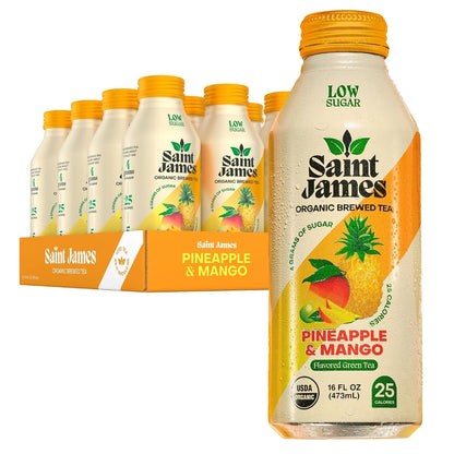 Saint James Pineapple & Mango Organic Green Tea, Low Sugar, 16 Oz, 12 Pack