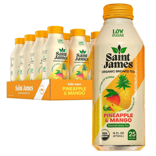 Saint James Pineapple & Mango Organic Green Tea, Low Sugar, 16 Oz, 12 Pack