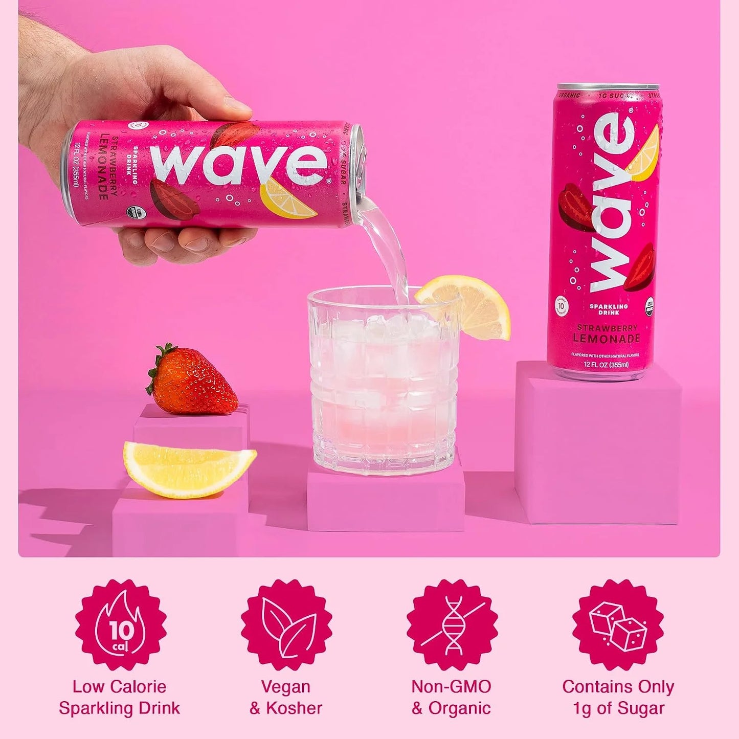 WAVE Organic Sparkling Drink, Soda Alternative, Strawberry Lemonade