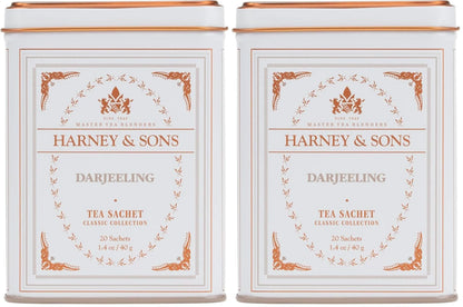 Harney & Sons Darjeeling Black Tea, 20 Sachets of Black Tea | Classic Collection, 20 sachet tin (Pack of 2)