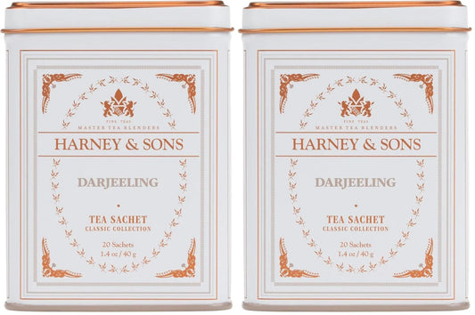 Harney & Sons Darjeeling Black Tea, 20 Sachets of Black Tea | Classic Collection, 20 sachet tin (Pack of 2)