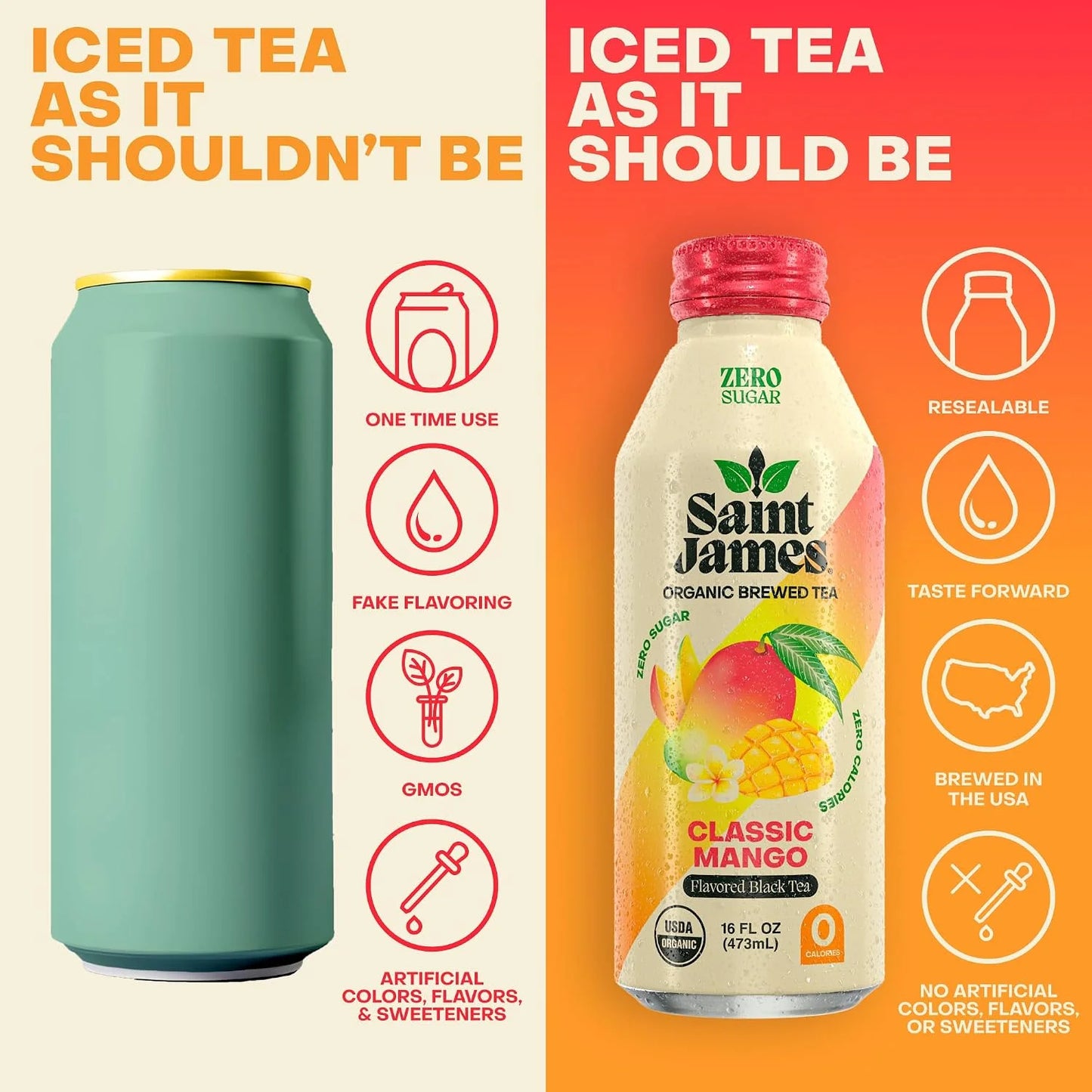 Saint James Iced Tea Organic Black Tea, Classic Mango, 12 Pack (16 fl oz)