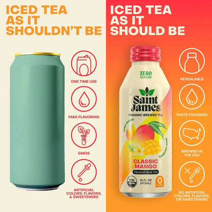 Saint James Iced Tea Organic Black Tea, Classic Mango, 12 Pack (16 fl oz)