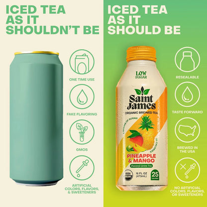 Saint James Organic Green Tea Variety, Low Sugar, 16 Oz, 12 Pack