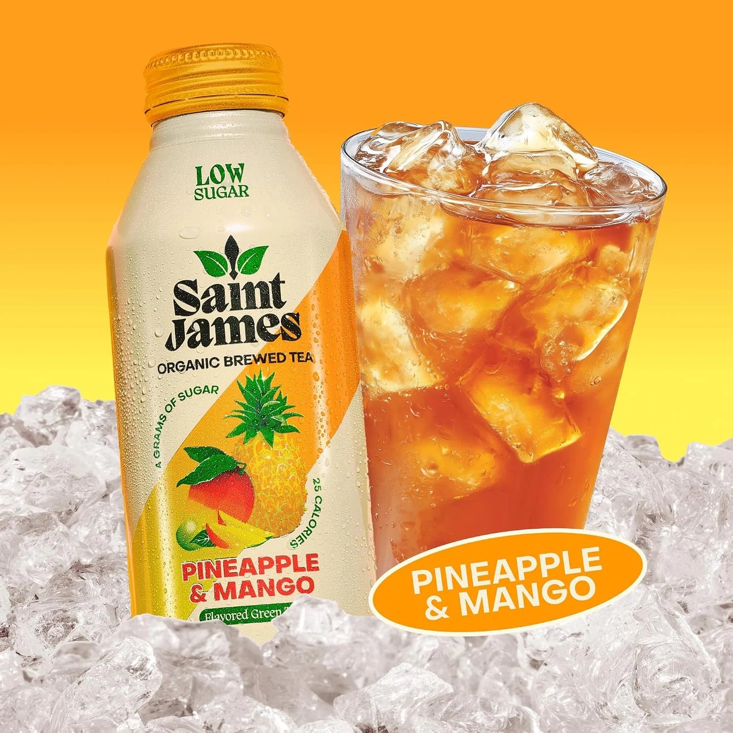 Saint James Pineapple & Mango Organic Green Tea, Low Sugar, 16 Oz, 12 Pack