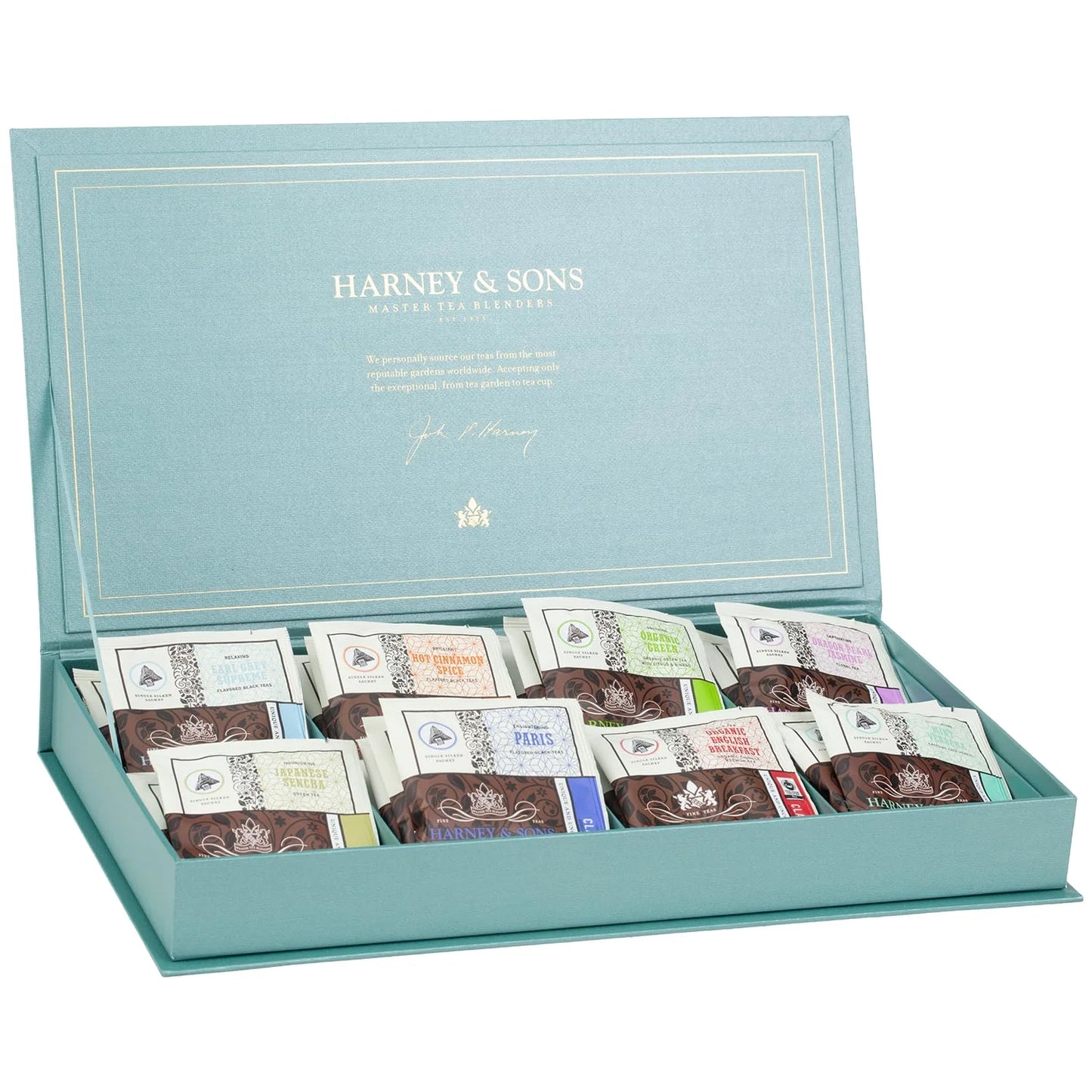 Harney & Sons Teal Tea Chest Gift, 32 Wrapped Sachets, 8 Flavors
