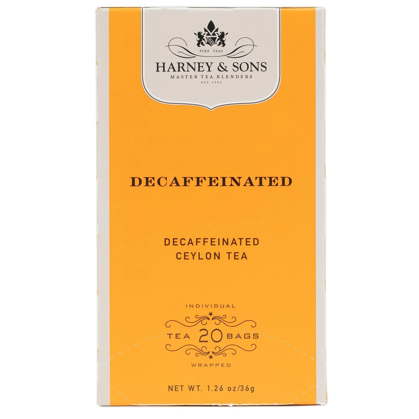 Harney & Sons Black Tea, Decaffeinated Ceylon, 20 Tea Bags, 1.26 oz./36 grams