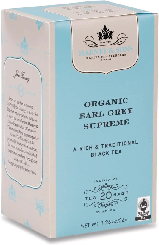 Harney & Sons Premium Tea, Organic Earl Grey Supreme Black Tea, Individually Wrapped Tea Bags, 20/box