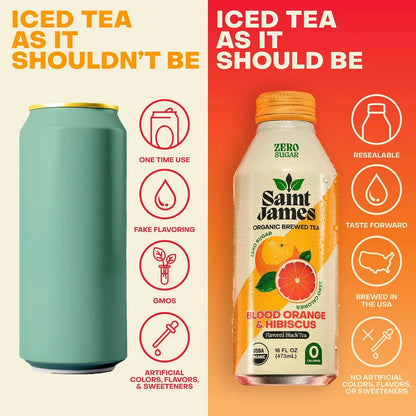 Saint James Iced Tea Organic Black Tea, Variety Flavors, 12 Pack (16 fl oz)