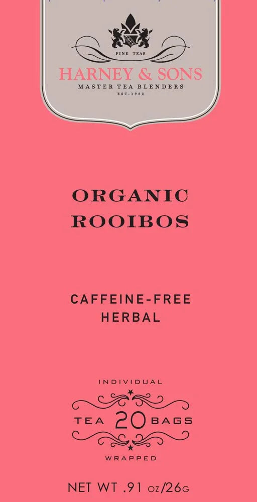 Harney & Sons Premium Tea, Organic Rooibos Herbal Tea, Individually Wrapped Tea Bags, 20/box