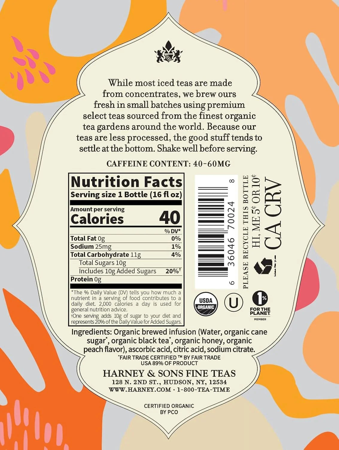 Harney & Sons Peach Black Iced Tea, 12 Glass Bottles, 16 fl oz