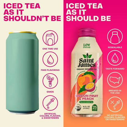 Saint James Passion Fruit & Peach Organic Green Tea, 16 Oz, 12 Pack