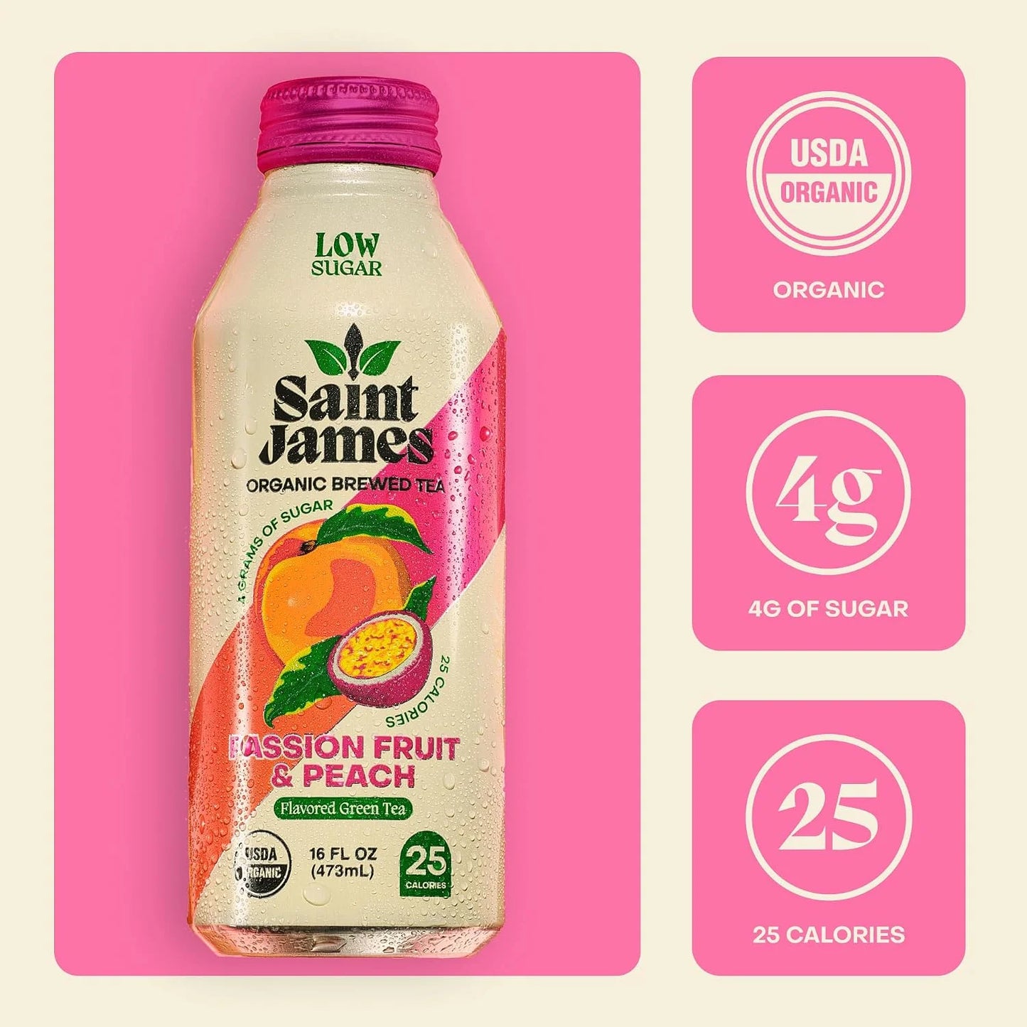Saint James Passion Fruit & Peach Organic Green Tea, 16 Oz, 12 Pack