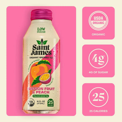 Saint James Passion Fruit & Peach Organic Green Tea, 16 Oz, 12 Pack